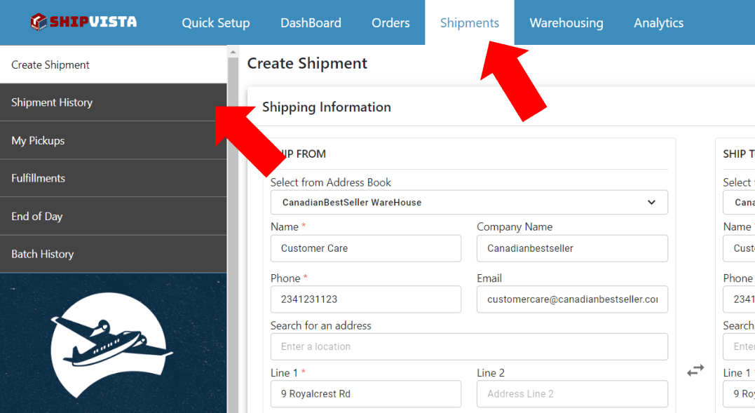 Navigate to Shipment History page